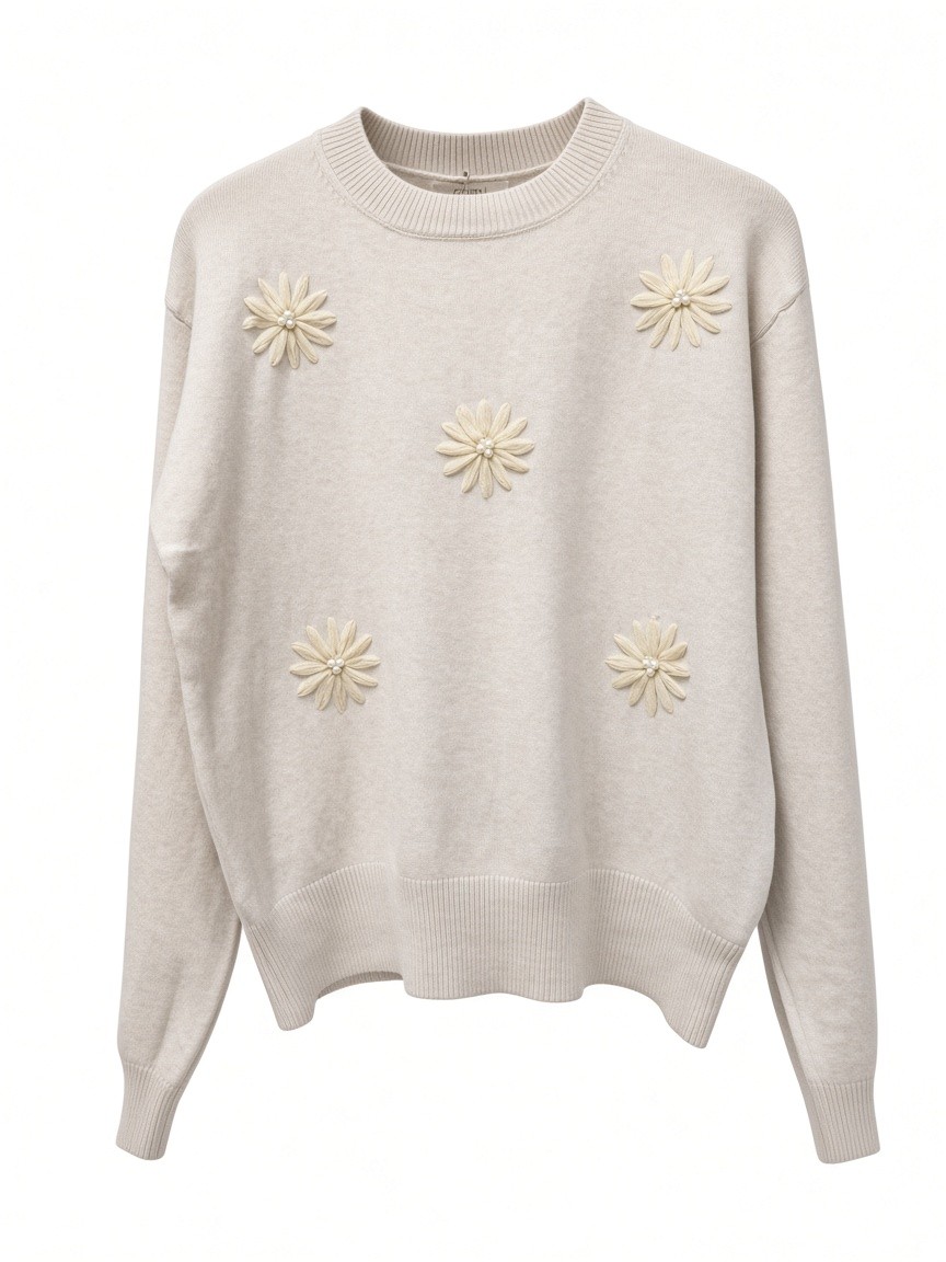 Dámsky pulóver s výšivkou kvietkov s perličkami COZY BEIGE MELANGE Béžová